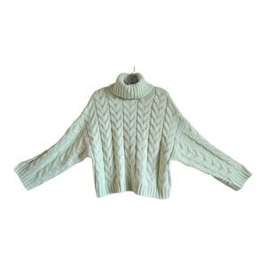 ELIE TAHARI Women's L Sweater Cable Knit Lime Green Turtleneck Drop Shoulder 40"